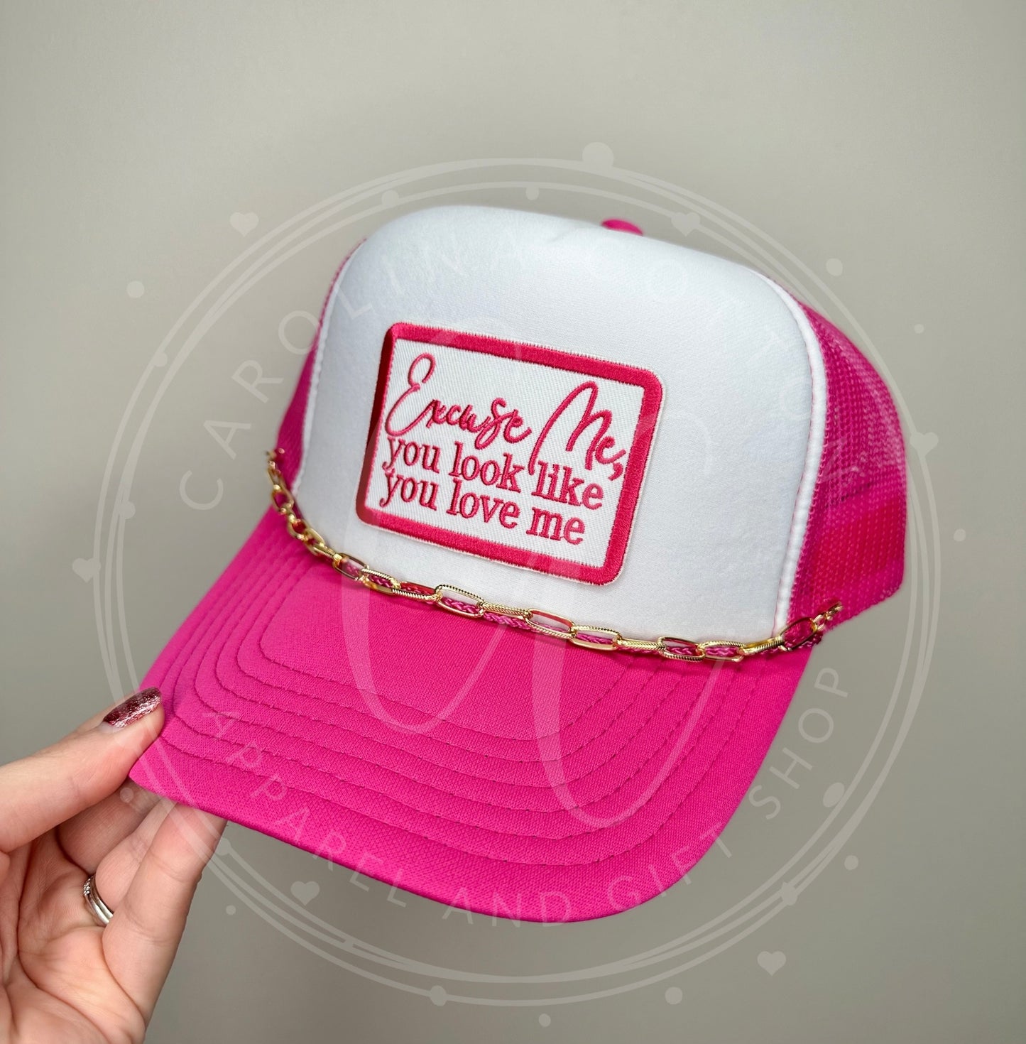 Excuse Me Pink-Gold Chain-White/Pink Trucker Hat
