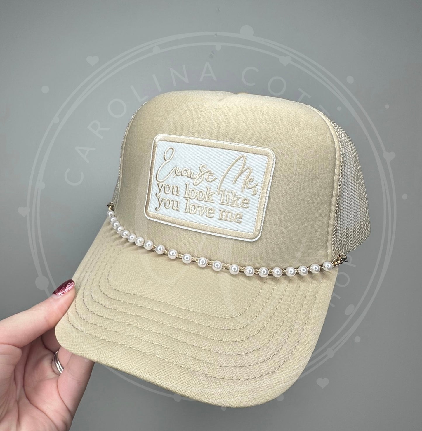 Excuse Me Tan-Pearl Chain-Khaki Trucker Hat