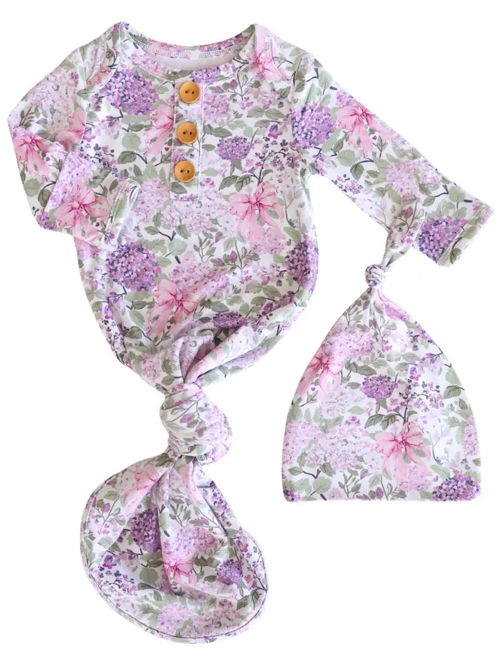 Newborn Baby Knot Gown & Hat Set | Lavender Lullaby