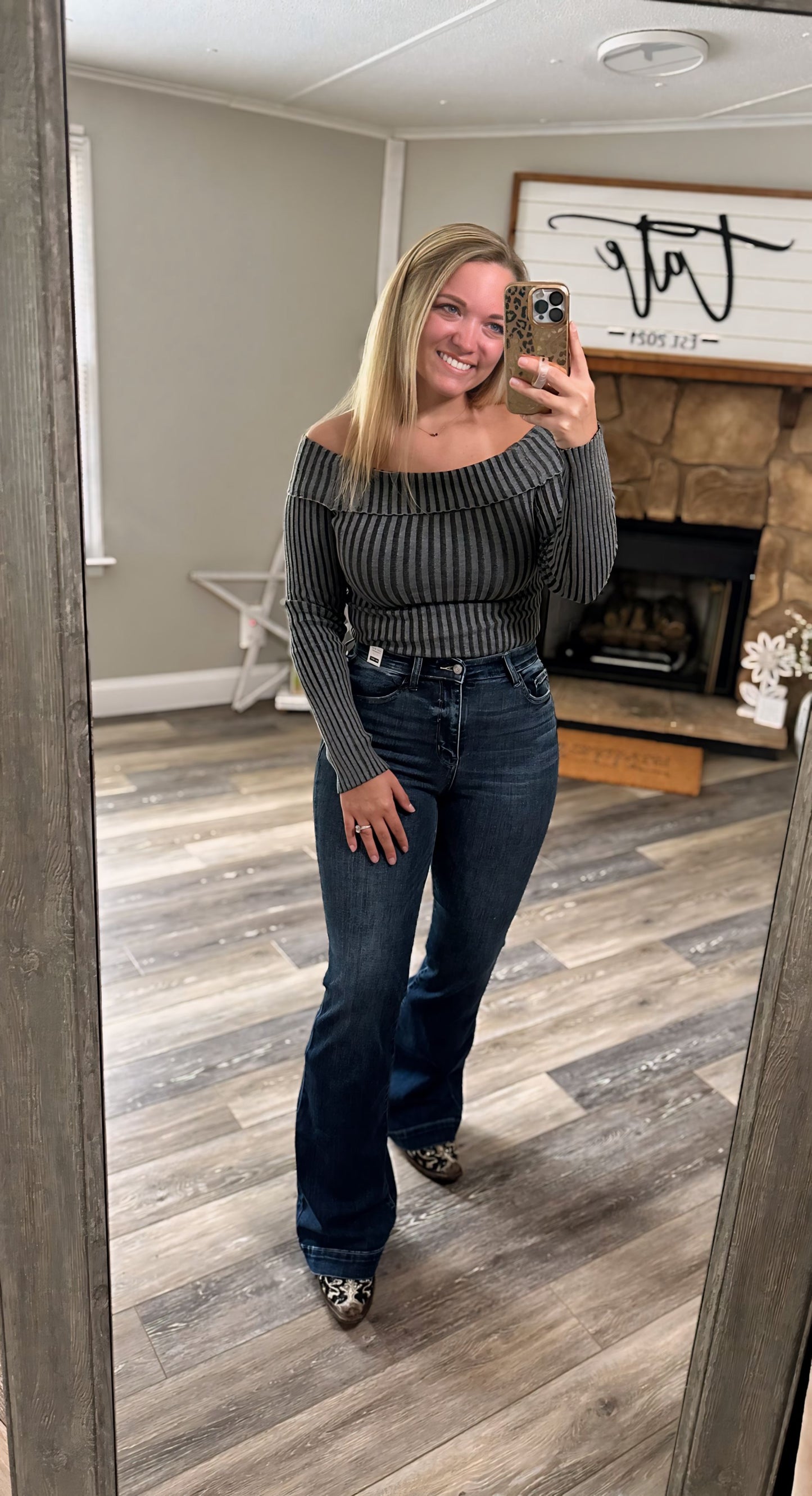 Run The Show Off Shoulder Ribbed Top - Charcoal