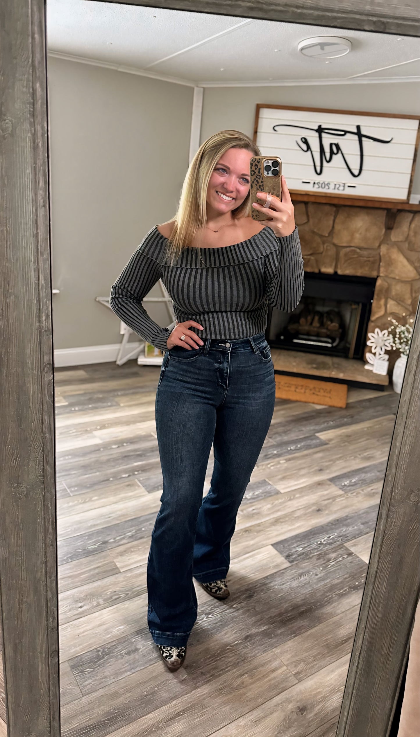 Run The Show Off Shoulder Ribbed Top - Charcoal