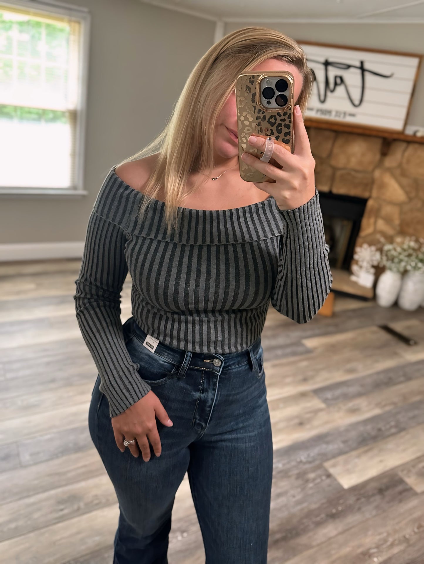 Run The Show Off Shoulder Ribbed Top - Charcoal