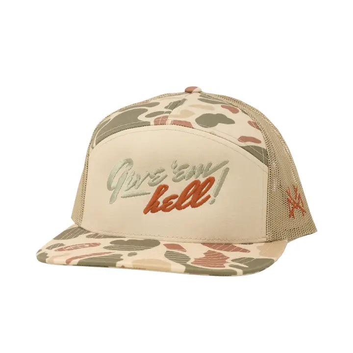 Give Em' Hell Trucker Hat - 168 Harvest Camo/Tan/Harvest Camo