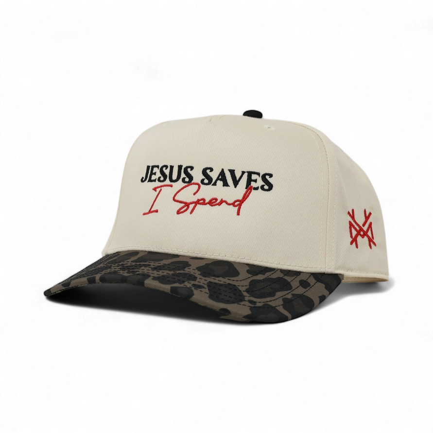 Jesus Saves I Spend Trucker Hat - Retro Leopard/Natural