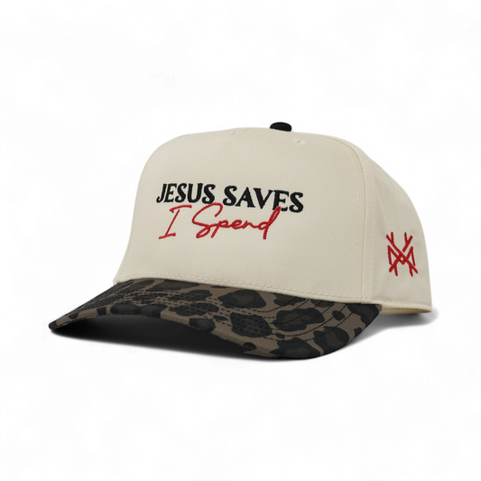 Jesus Saves I Spend Trucker Hat - Retro Leopard/Natural