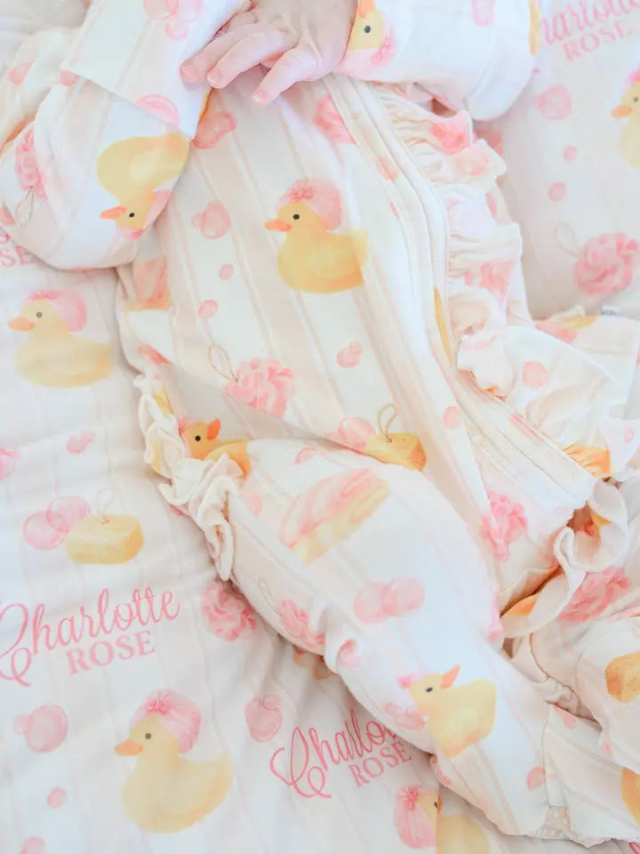 Ruffle Bamboo Zipper Footie | Bubble Duckies Pink