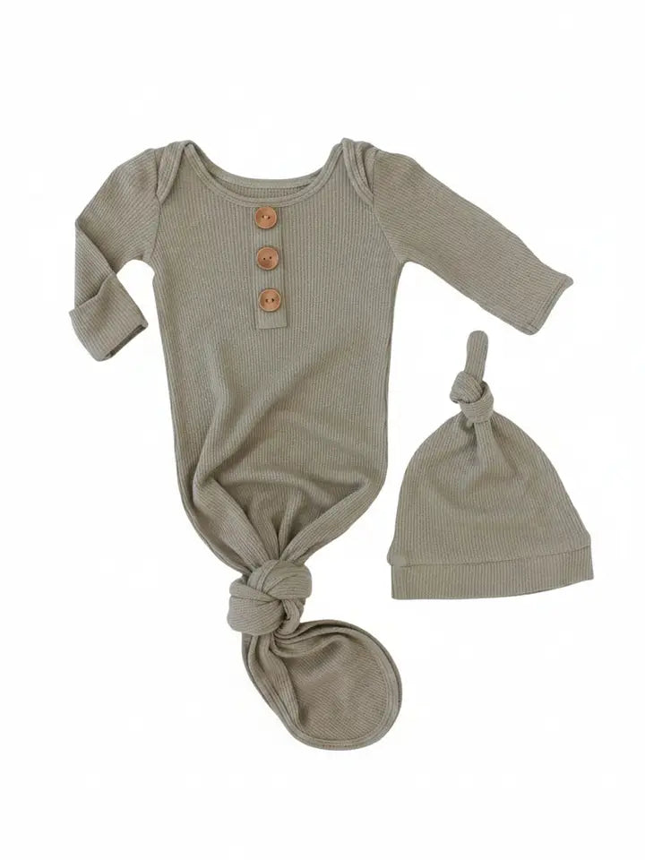 Eucalyptus Bamboo Waffle Newborn Baby Knot Gown & Hat Set