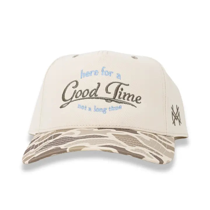 Here For a Good Time Trucker Hat  - Retro Field Camo/ Natural