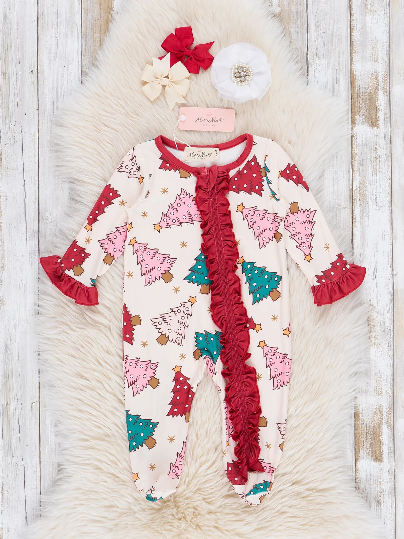 Red & Green Whimsy Trees Footed Sleeper Pajamas