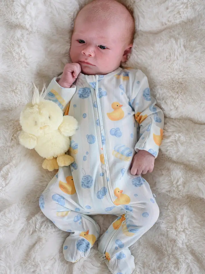 Bamboo Zipper Footie Pajamas | Bubble Duckies Blue