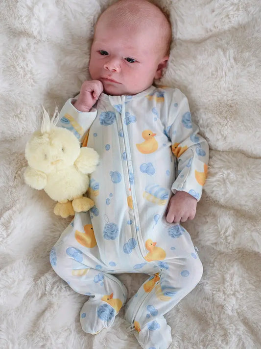Bamboo Zipper Footie Pajamas | Bubble Duckies Blue