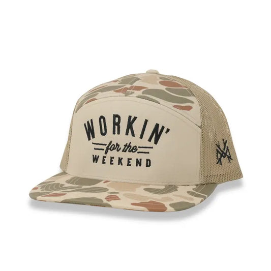 Workin' for the Weekend Trucker Hat - 7 Panel Harvest Camo/Tan/Harvest Camo