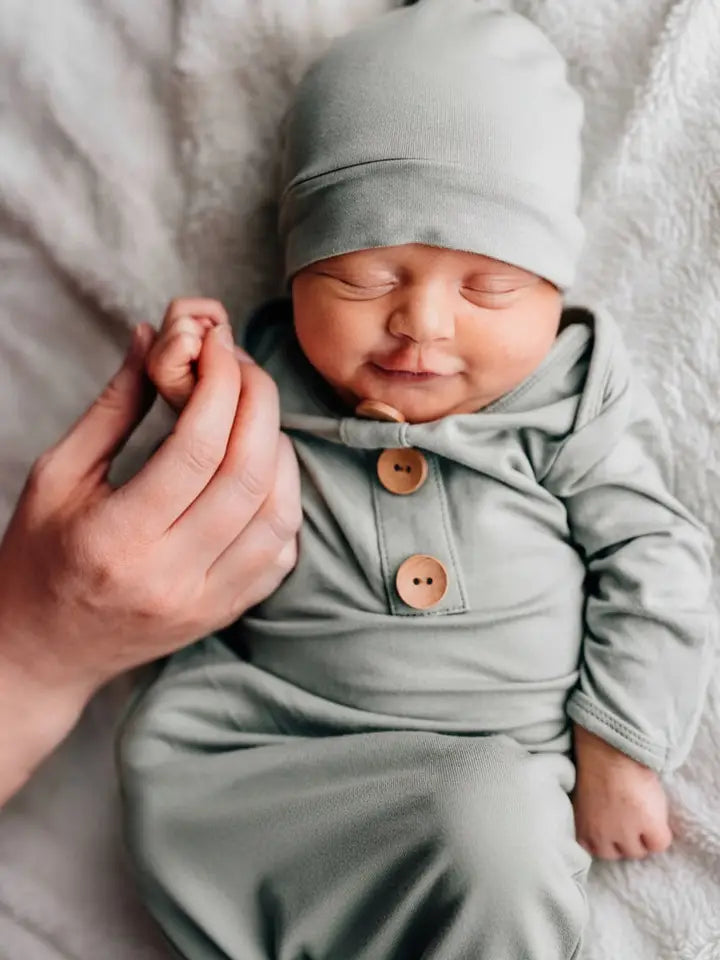 Solid Moss Bamboo Baby Knot Gown & Hat