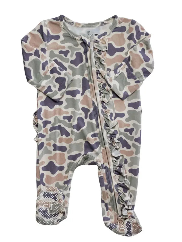 Ruffle Bamboo Zipper Footie | Camo Cutie