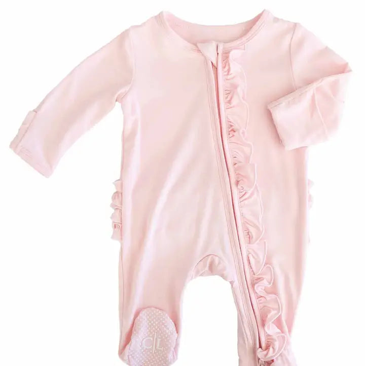 Baby Pink Bamboo Ruffle Zipper Footie