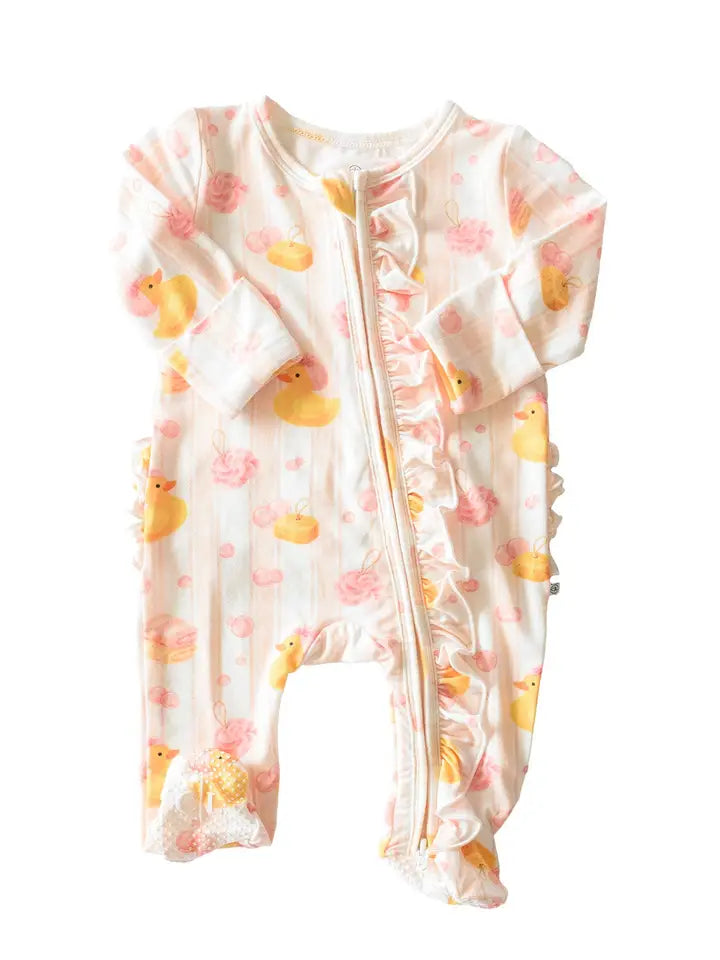 Ruffle Bamboo Zipper Footie | Bubble Duckies Pink