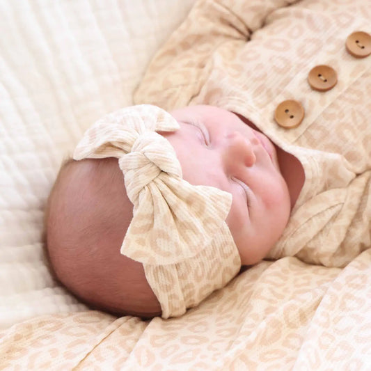 Lovely Leopard Bamboo Waffle Knit Large Bow Headwrap
