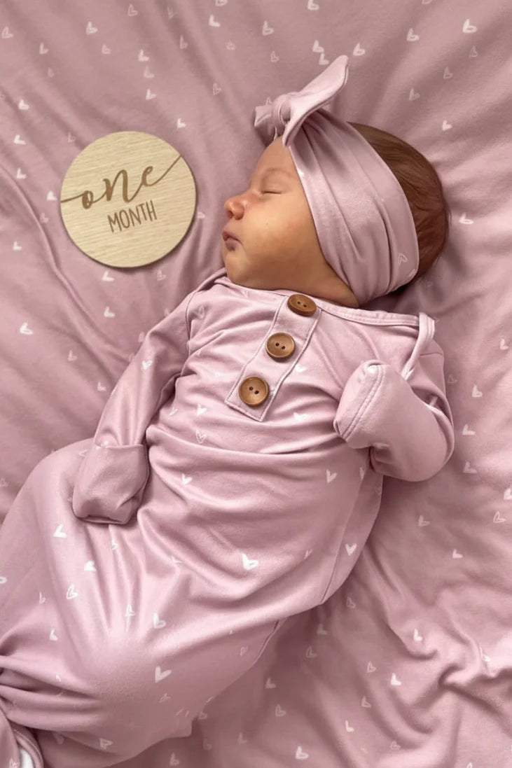 Tiny Hearts in Dusty Pink Newborn Baby Knot Gown & Hat Set
