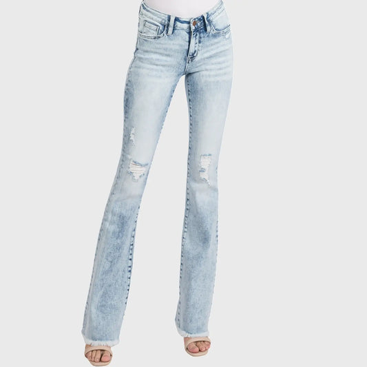 Jaylen Petite Mid Rise Distressed Stretch Flare