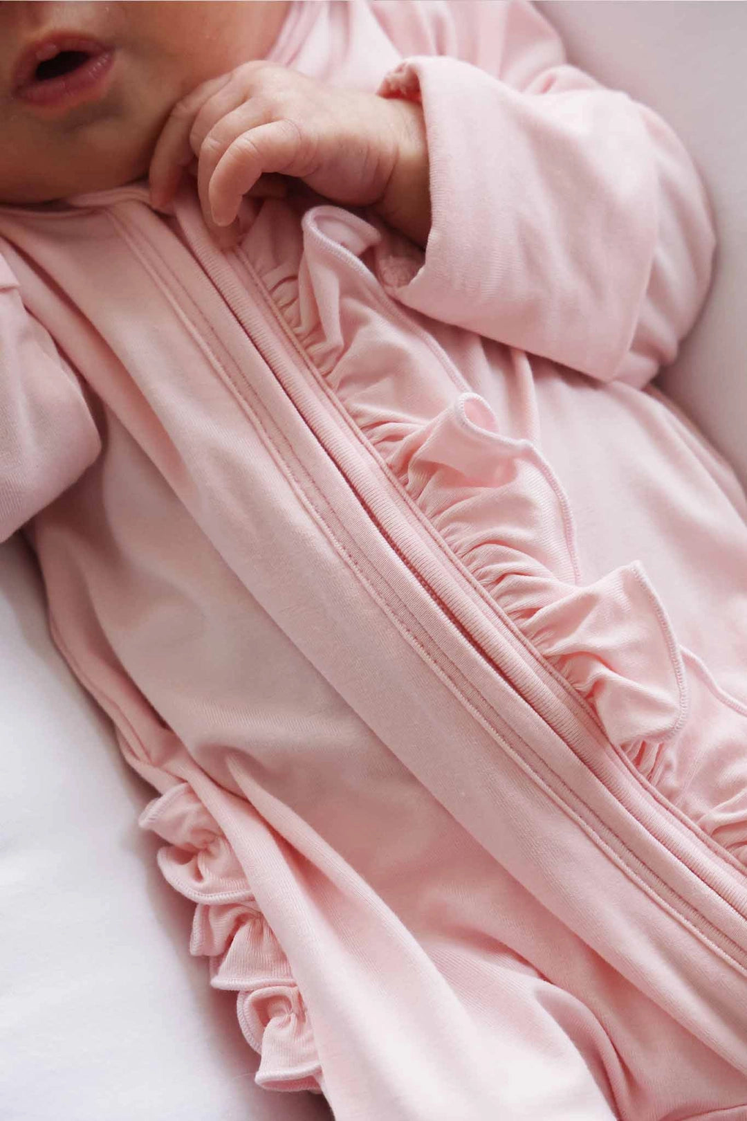 Baby Pink Bamboo Ruffle Zipper Footie