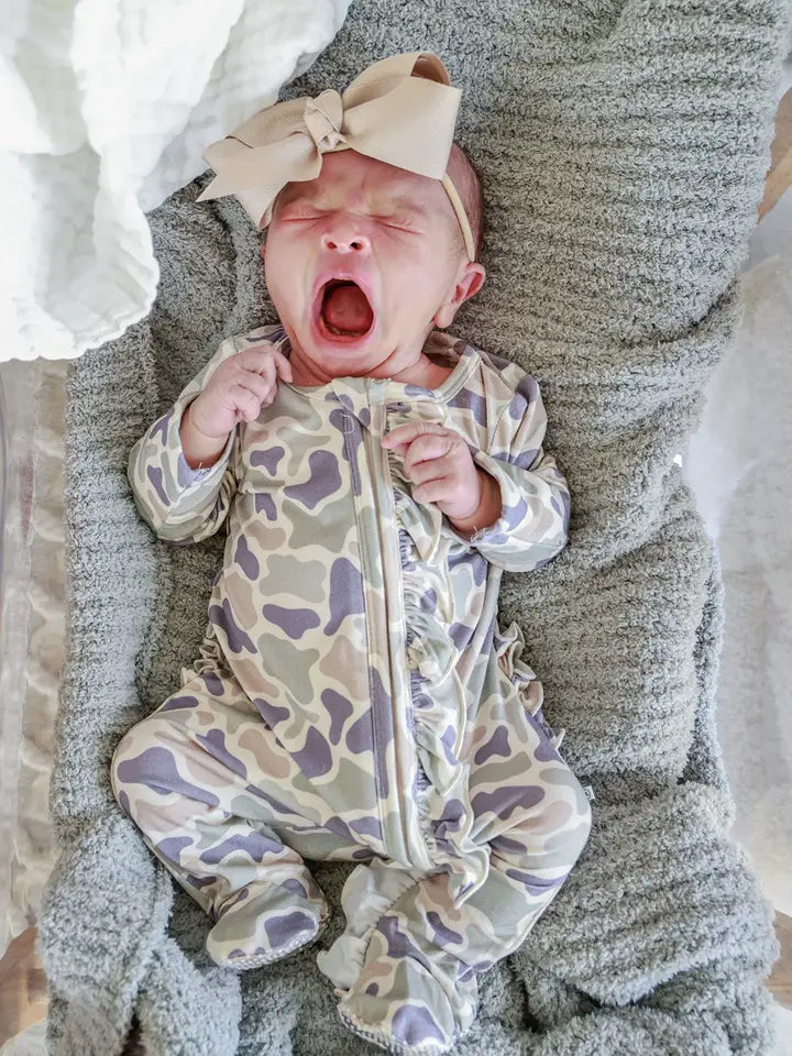 Ruffle Bamboo Zipper Footie | Camo Cutie