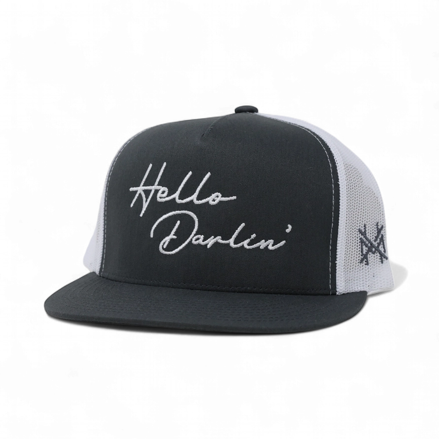 Hello Darlin Trucker Hat - Flat Bill Charcoal/White