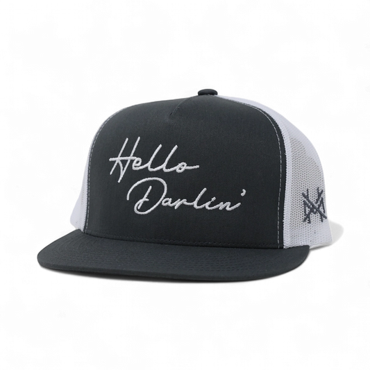Hello Darlin Trucker Hat - Flat Bill Charcoal/White