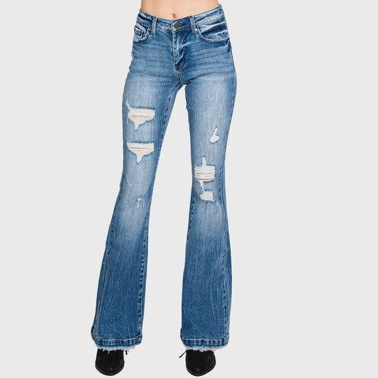 Candice Petite Mid Rise Distressed Stretch Flare