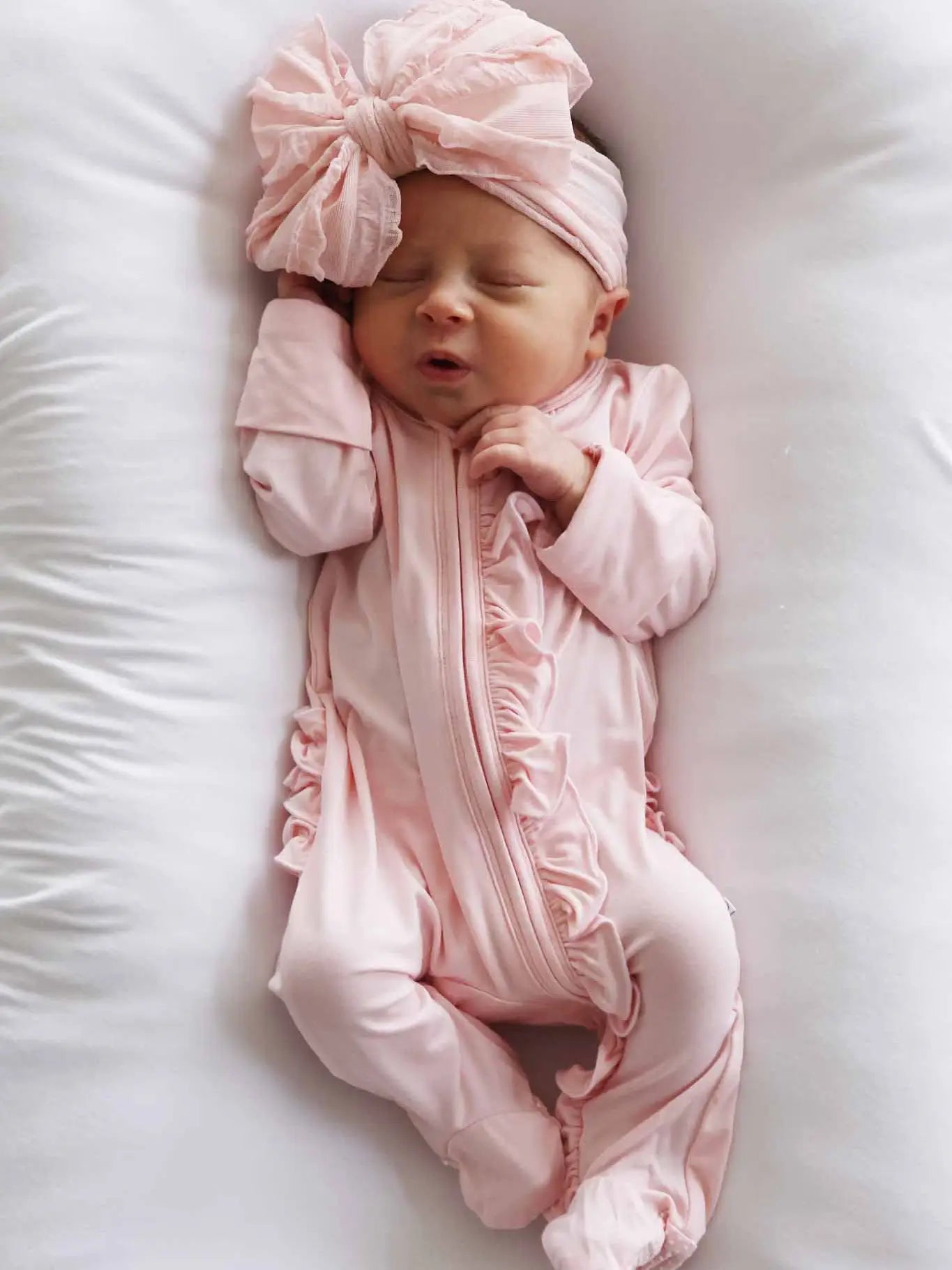 Baby Pink Bamboo Ruffle Zipper Footie