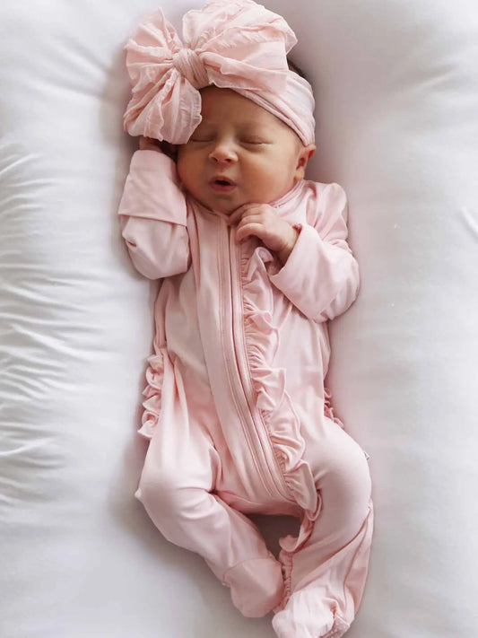 Baby Pink Bamboo Ruffle Zipper Footie