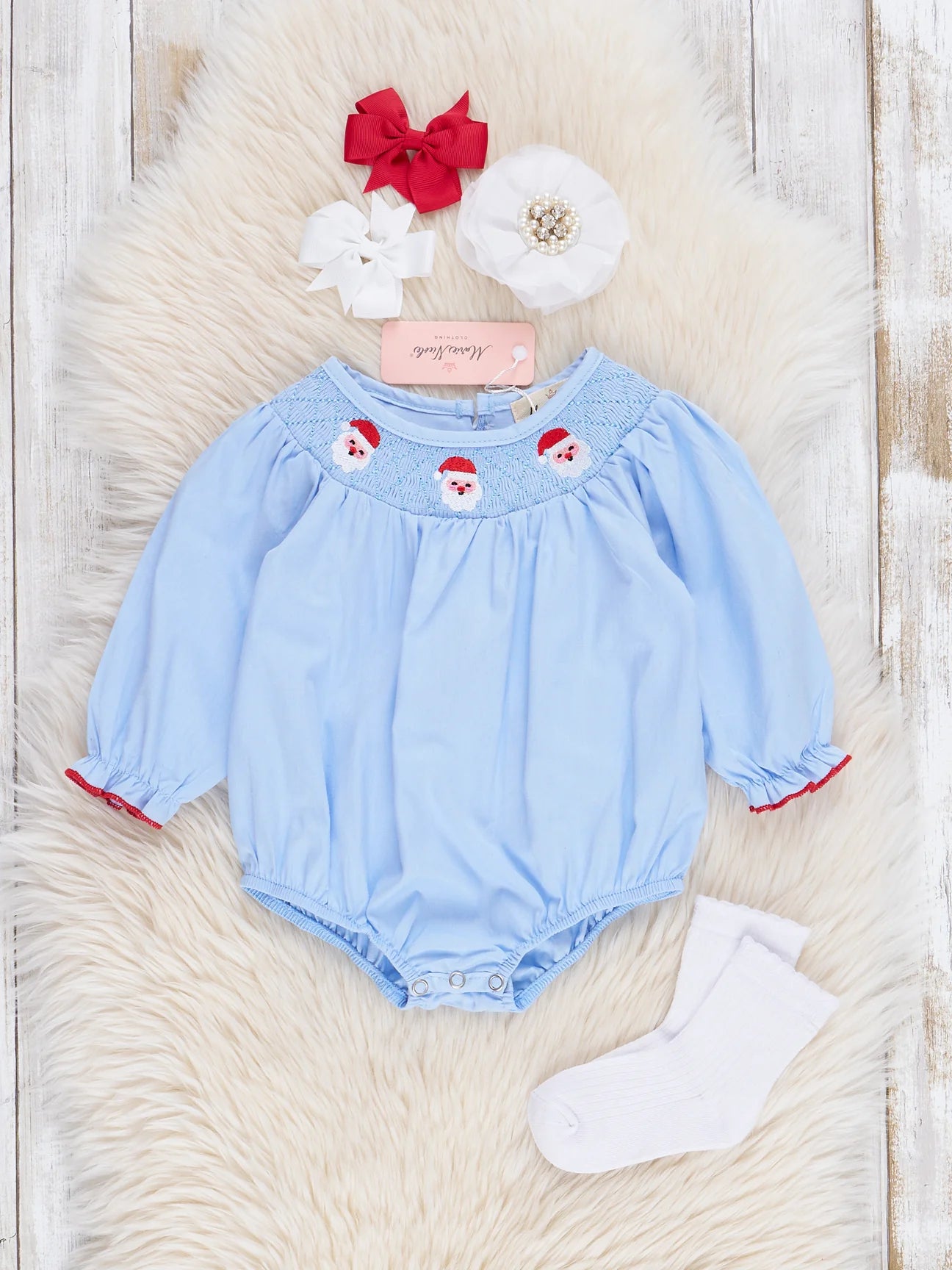 Blue Chambray Smocked Santas Ruffle Bubble