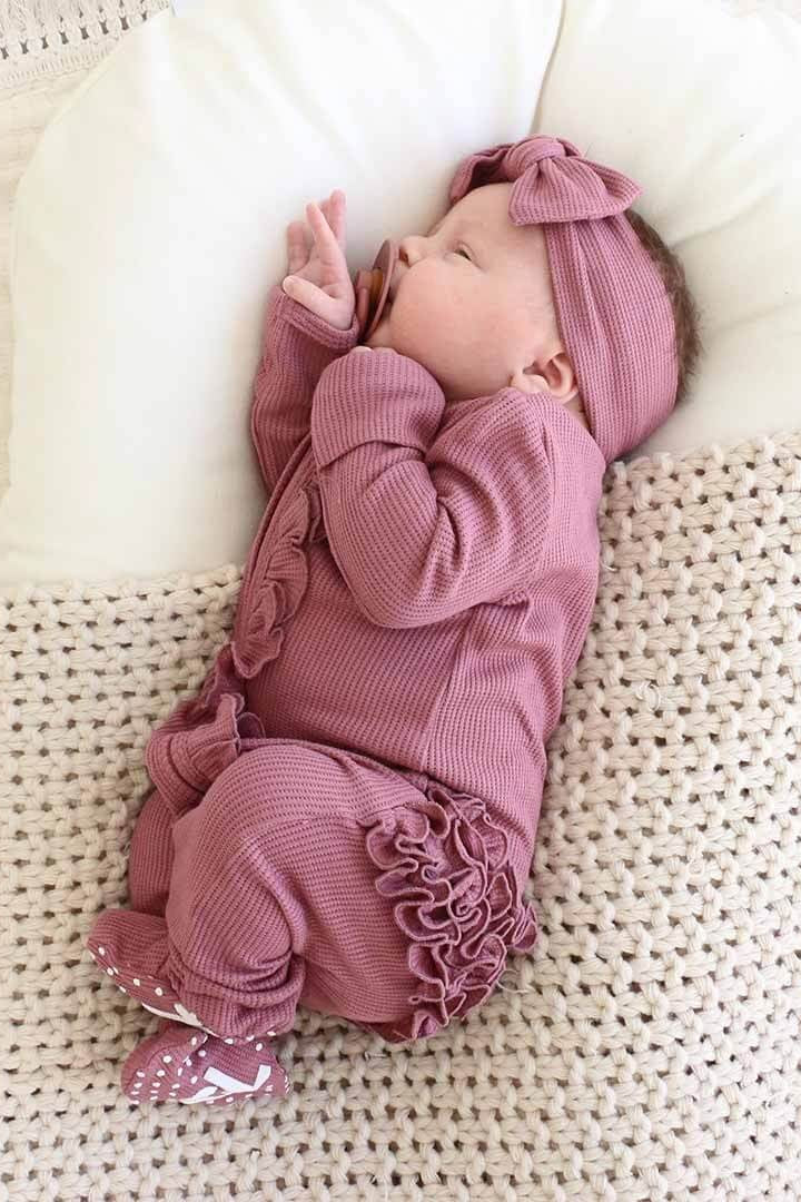 Boysenberry Bamboo Waffle Zipper Ruffle Footie
