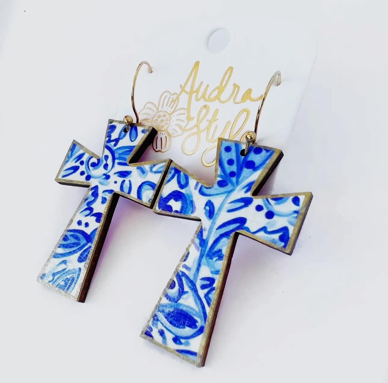 Cross Dangle Earring- Blue and White Floral Print