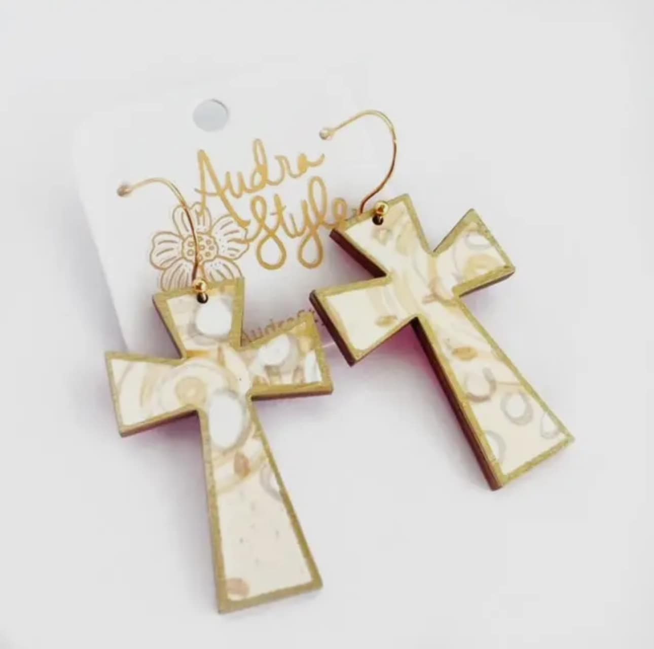 Cross Dangle Earring- Cream Abstract Print