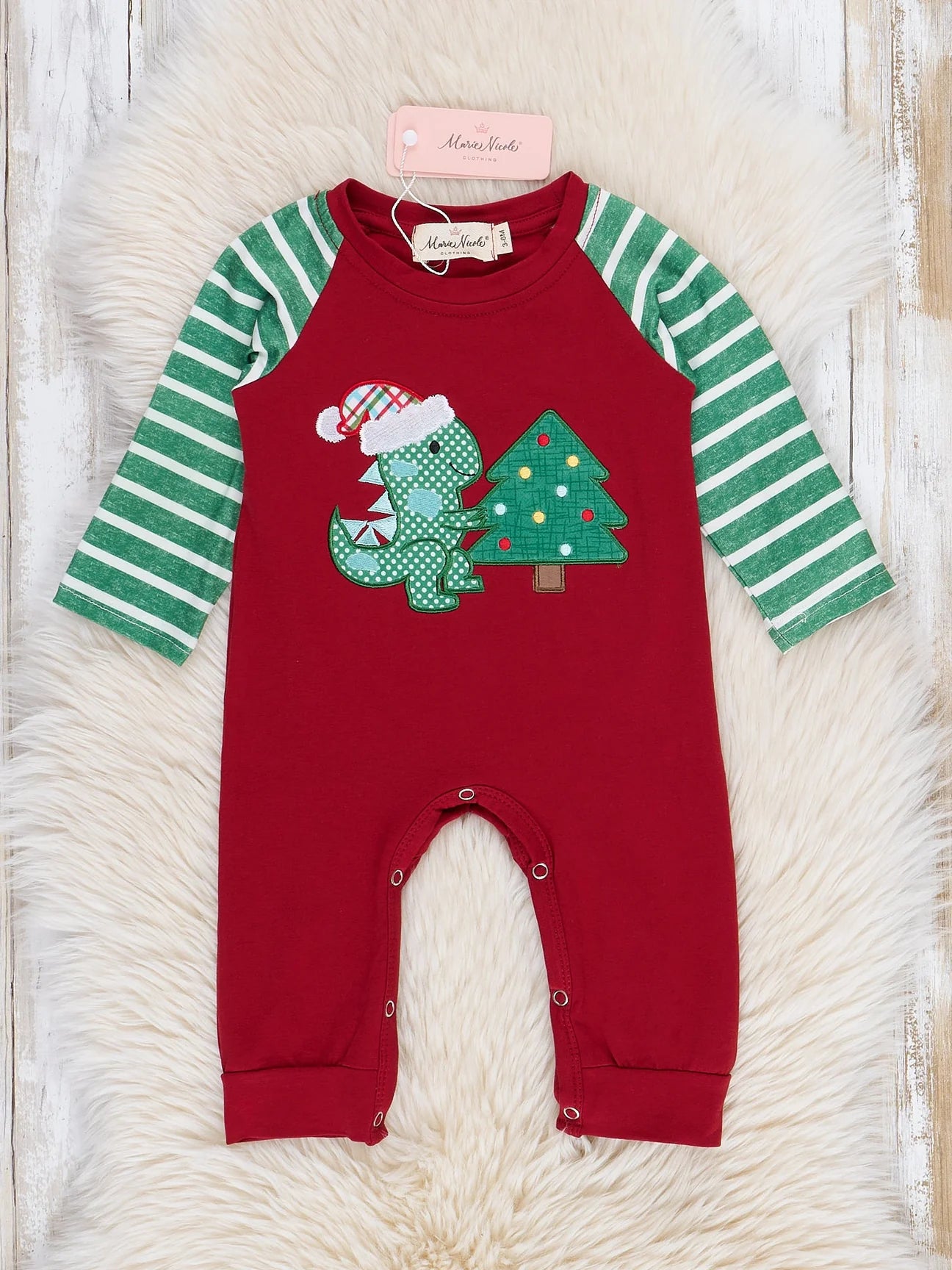 Holiday Dino Striped Raglan Romper