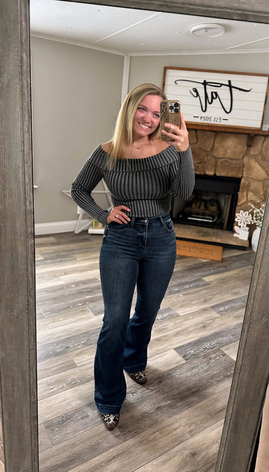 Run The Show Off Shoulder Ribbed Top - Charcoal