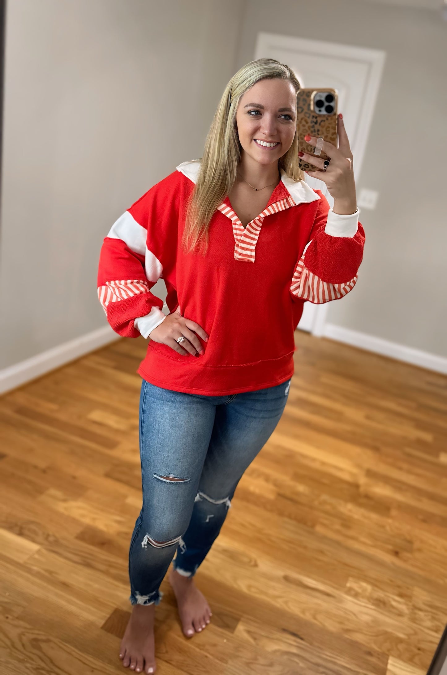 Faith Loose Fit Top - Red/Ivory