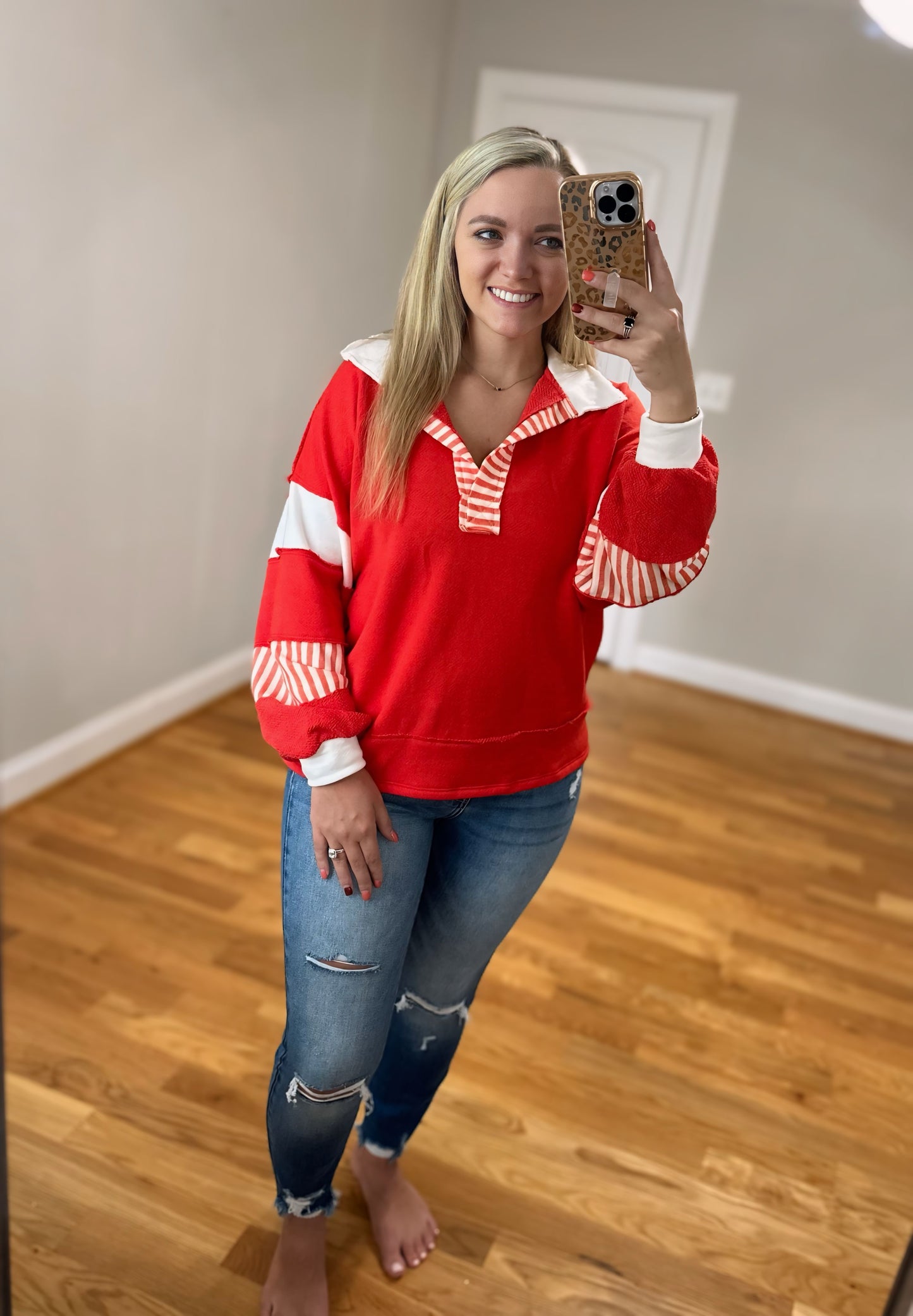 Faith Loose Fit Top - Red/Ivory