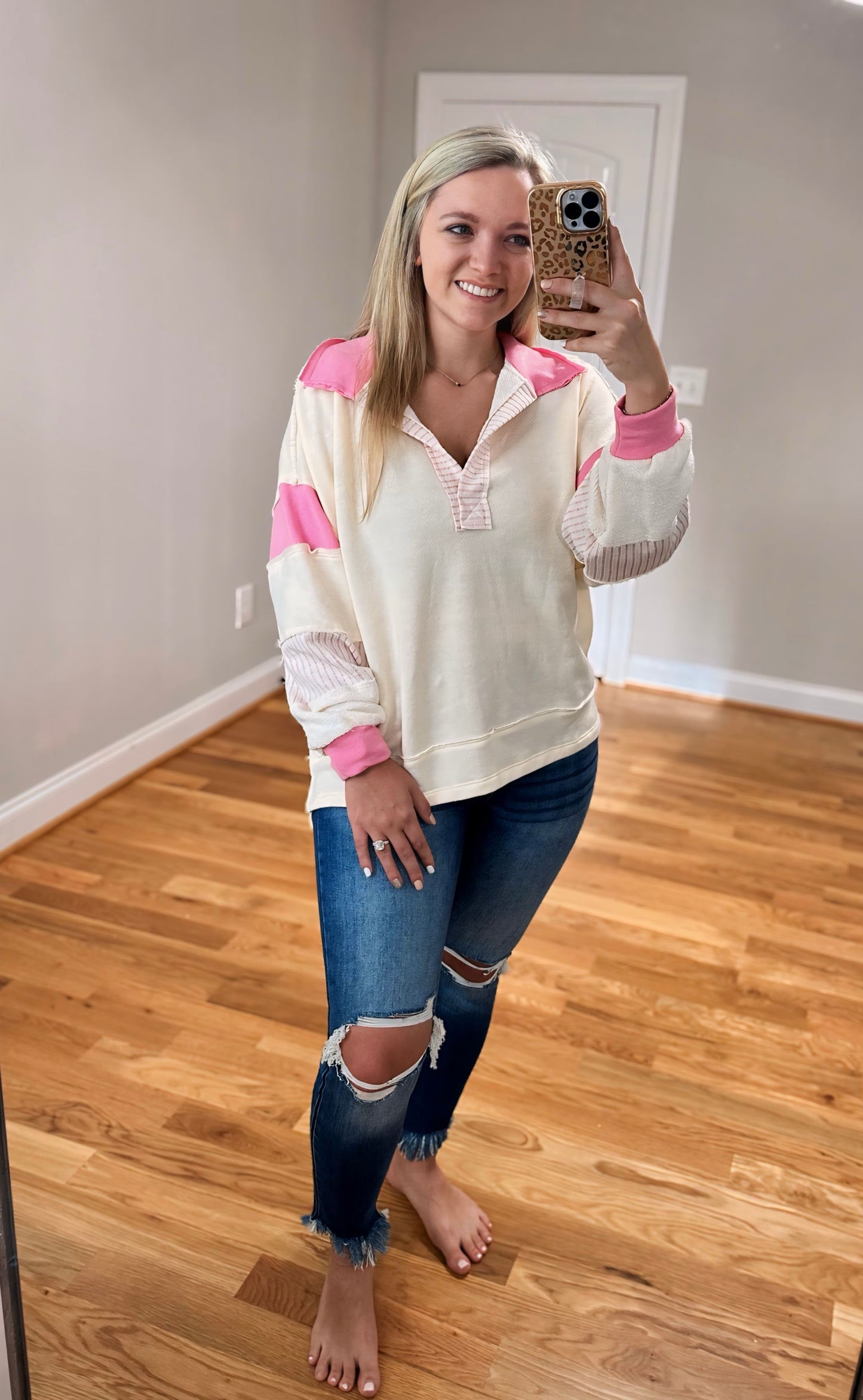 Faith Loose Fit Top - Ivory/Pink