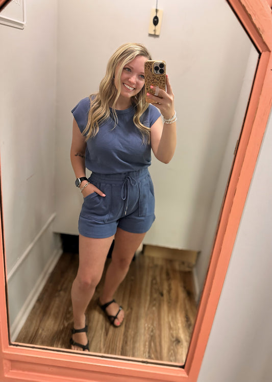 Life I'm Livin' Romper - Dusty Indigo