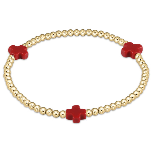 Signature Cross Gold Pattern 3MM Bead Bracelet - Red
