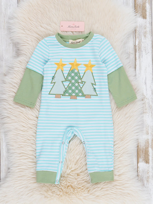 Olive & Blue Striped Christmas Tree Romper