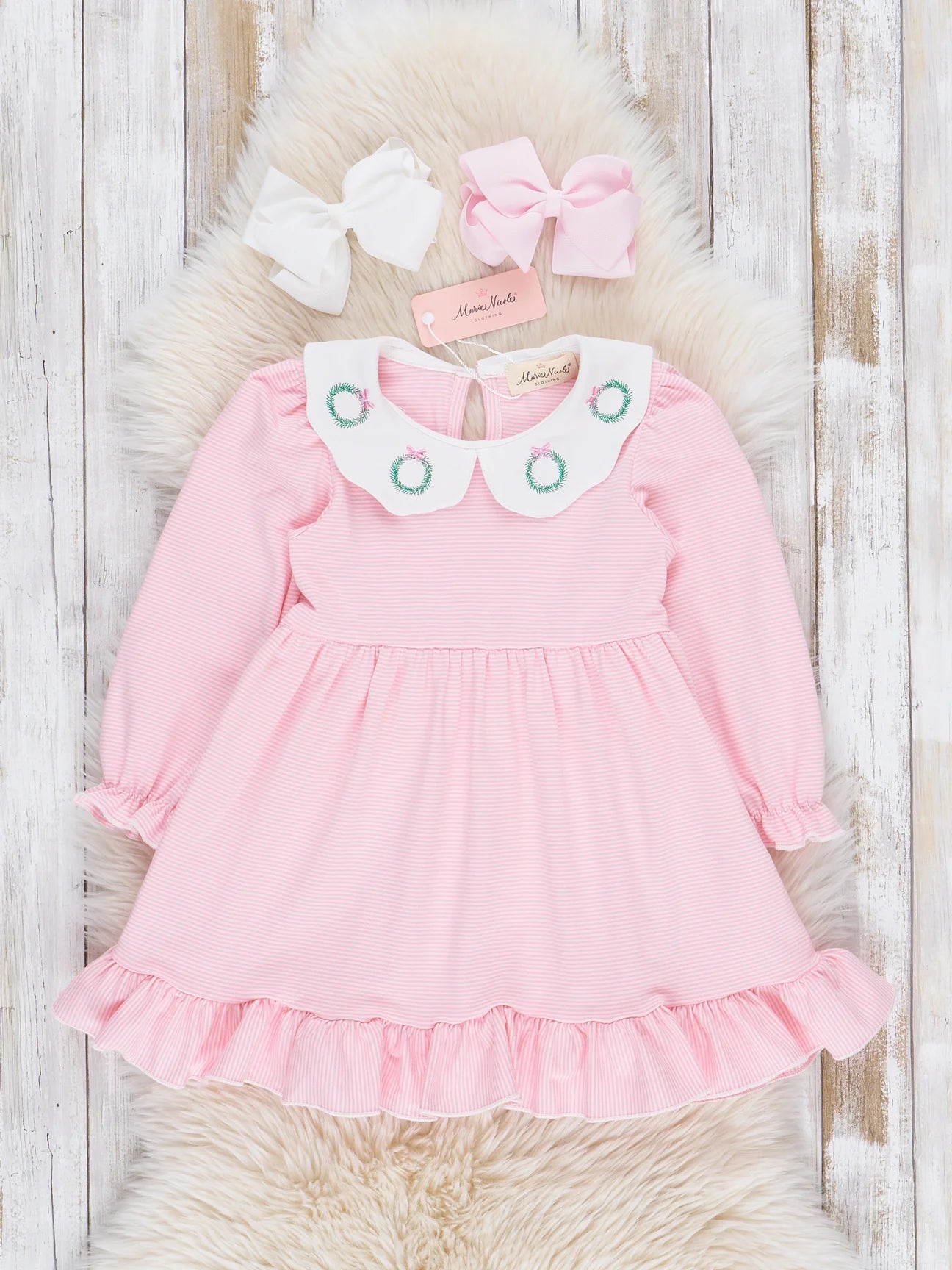 Pink Holiday Wreath Scallop Collar Dress