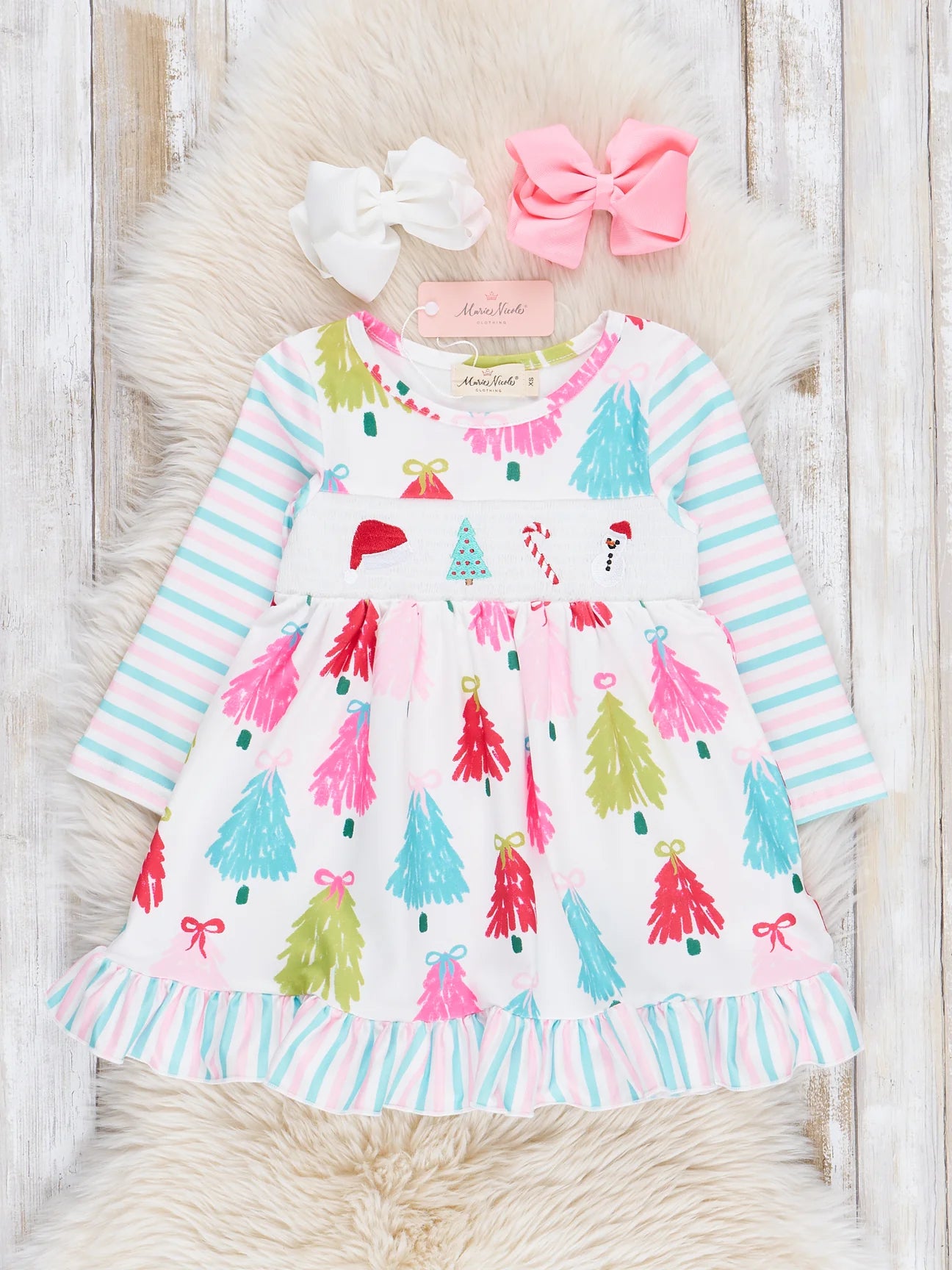 Smocked Christmas Tree Doodles Ruffle Dress