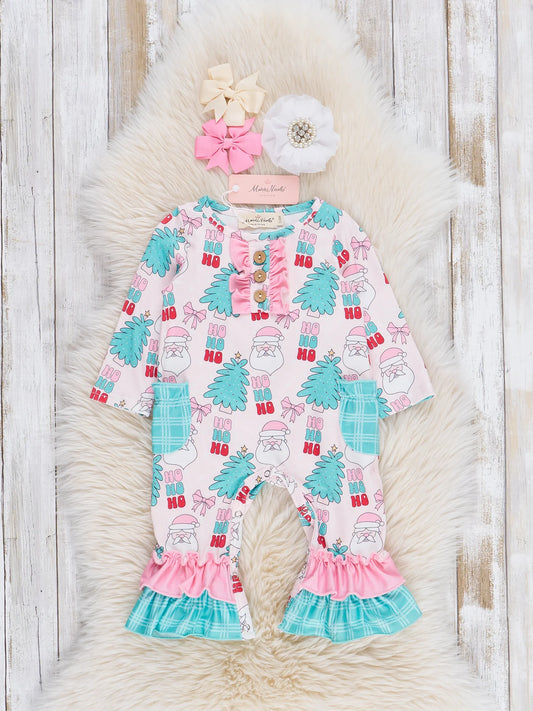 Soft Pink & Teal Jolly Ruffle Romper