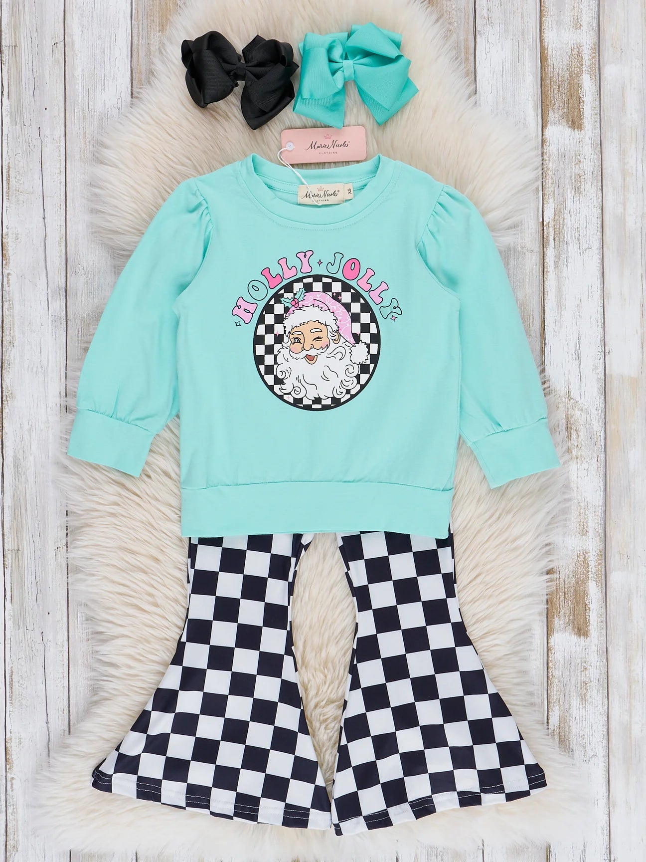 Teal Santa Checkers Bell Bottoms Outfit