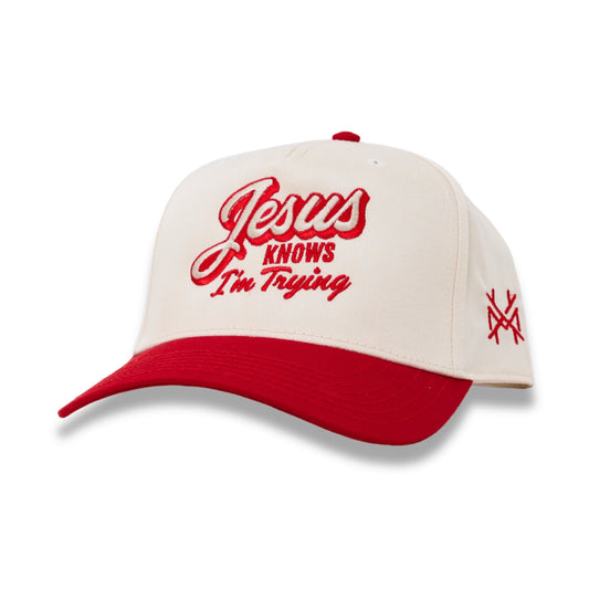 Jesus Knows I'm Trying Trucker Hat - Retro Red/Natural