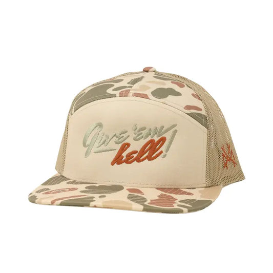 Give Em' Hell Trucker Hat - 168 Harvest Camo/Tan/Harvest Camo