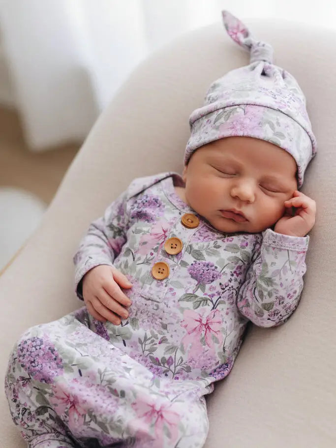 Newborn Baby Knot Gown & Hat Set | Lavender Lullaby