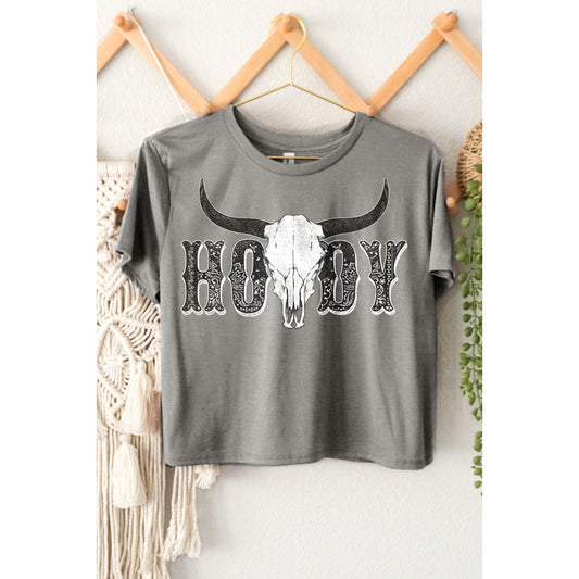 Howdy Cow Skull Crop - Grey
